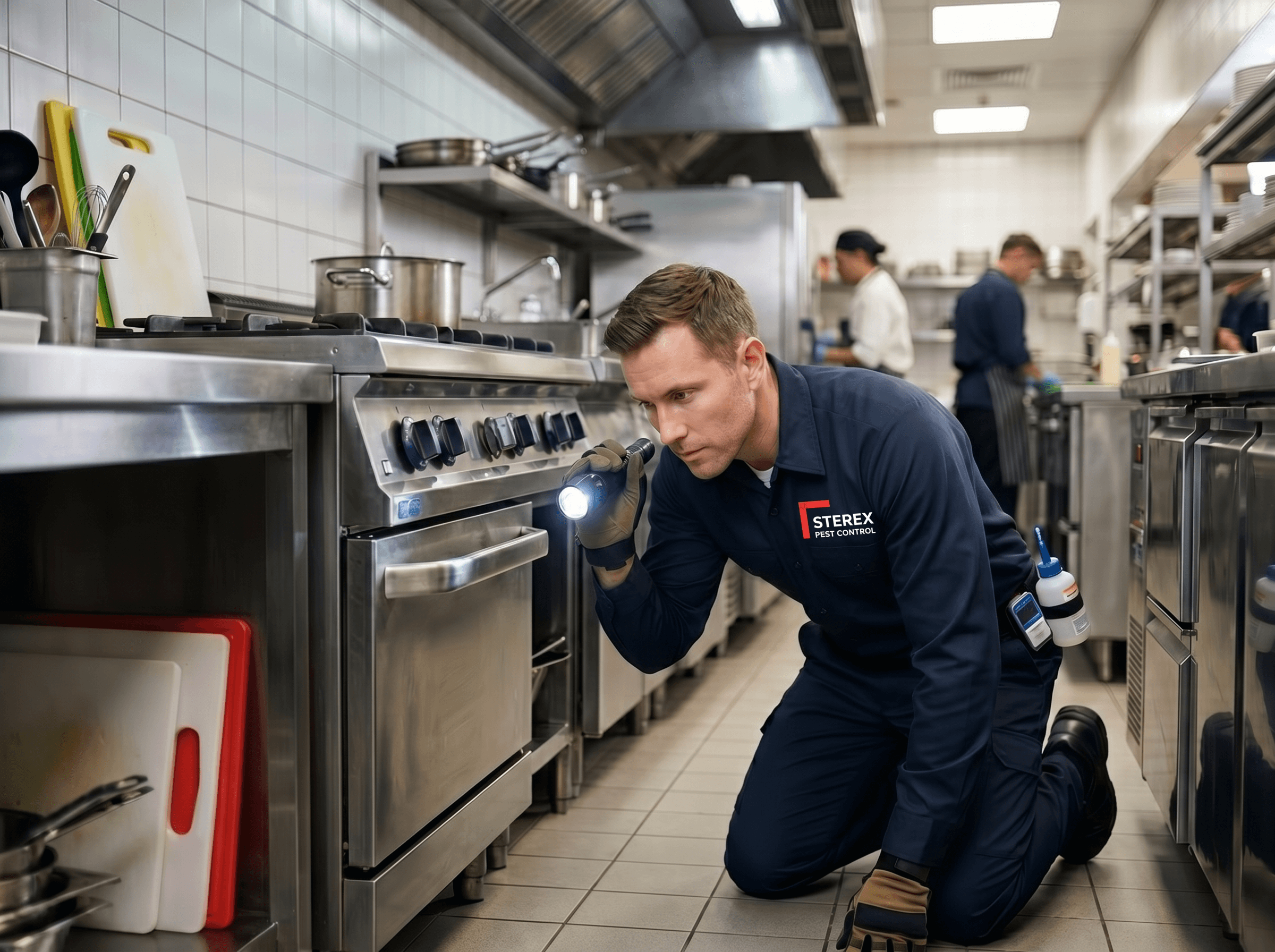 Commercial pest control technician treating a GTA kitchen